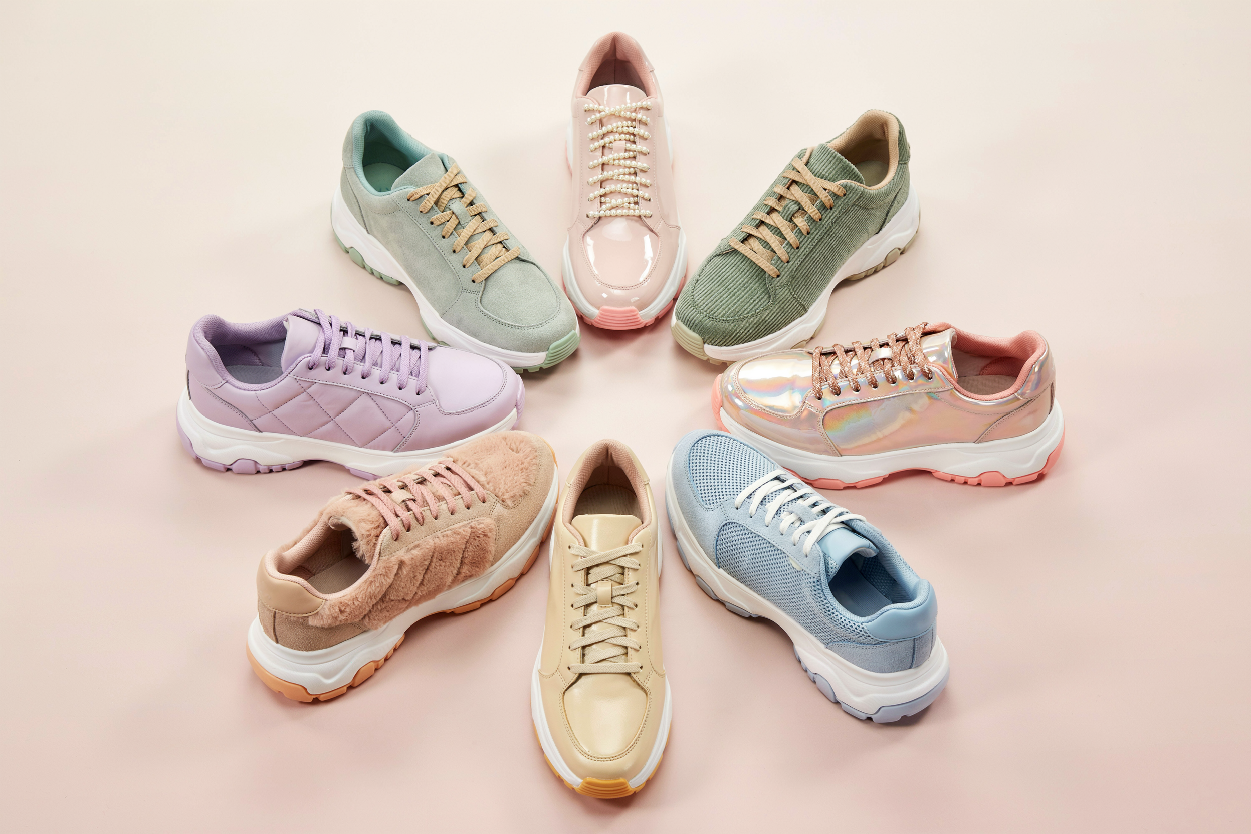 Colorway study board showing a footwear collection in multiple finishes for product design exploration.